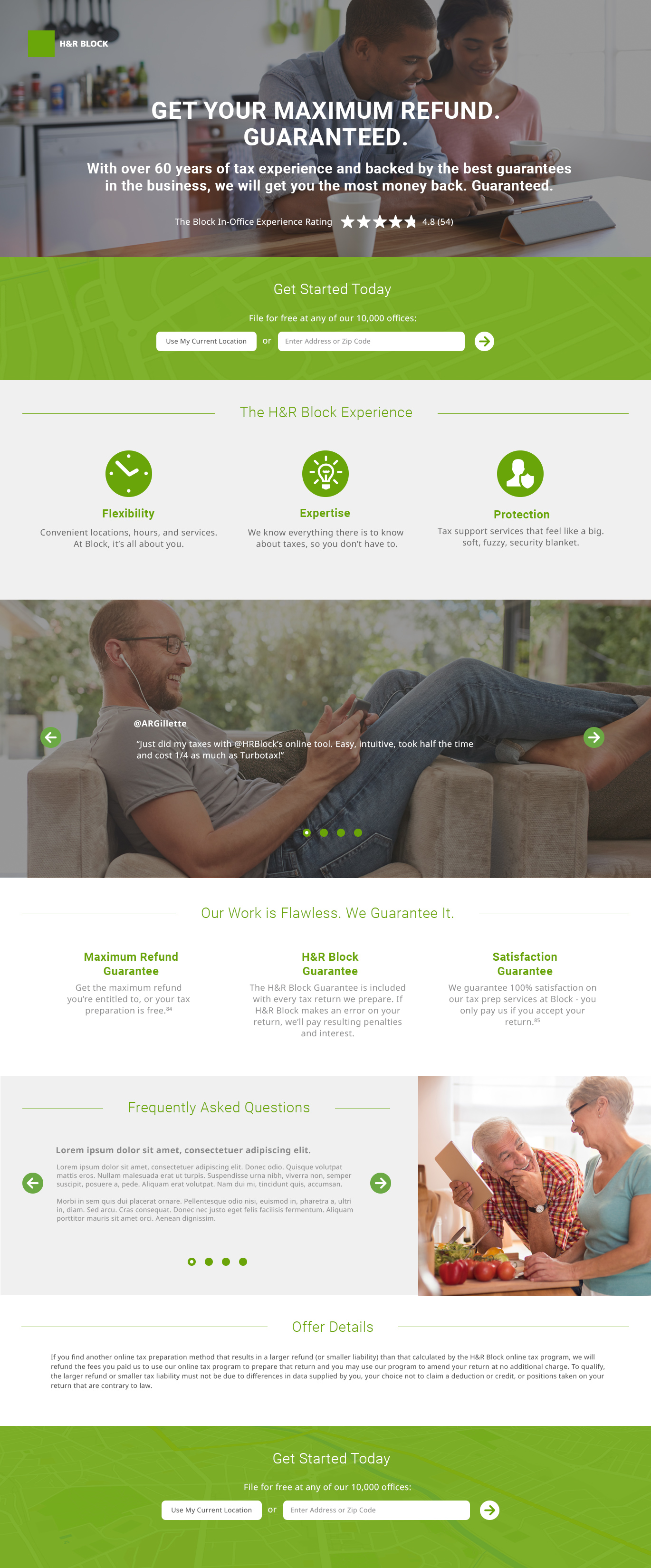 H&R Block desktop page layout for maximum refund campaign