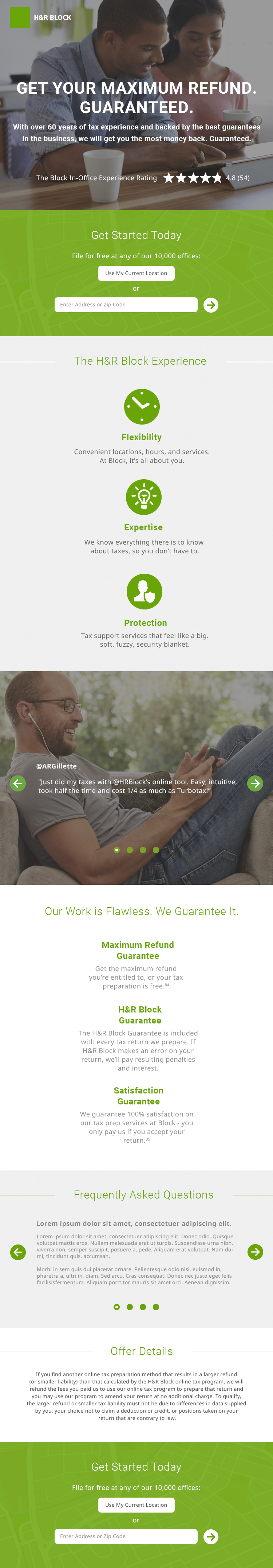 H&R Block mobile page layout for maximum refund campaign