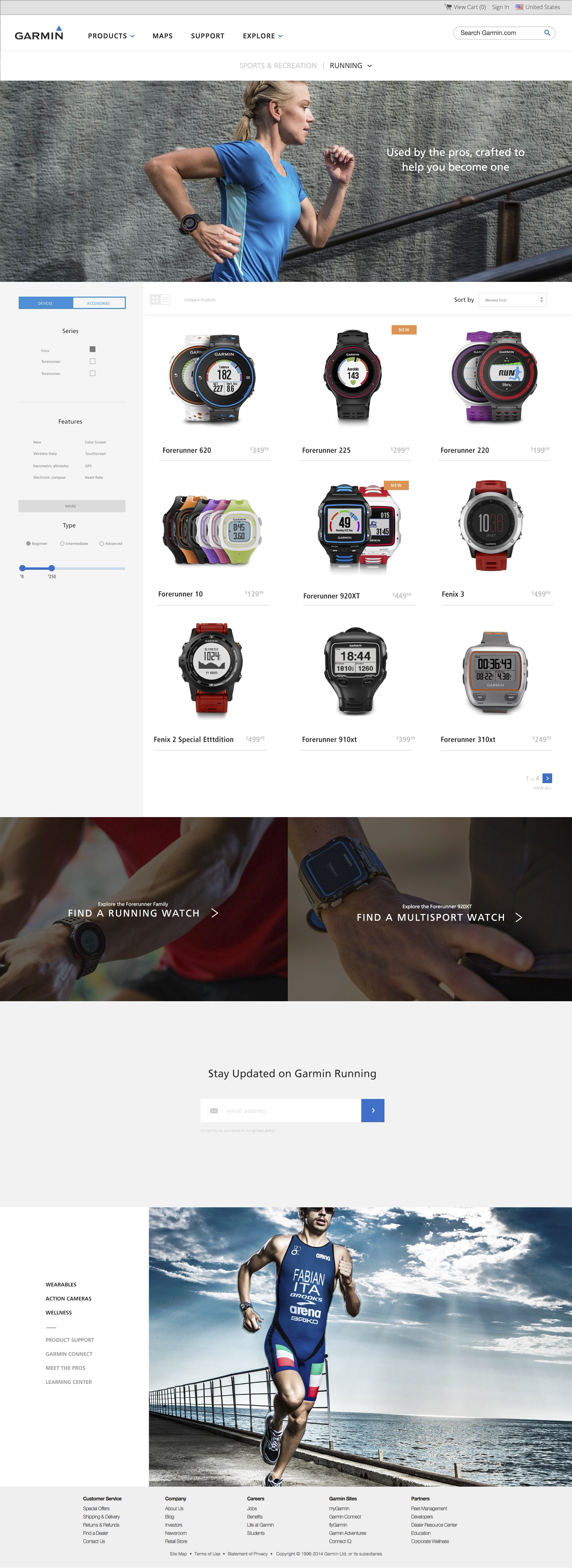 Garmin running activity page final render with filters, product grid, and lifestyle modules